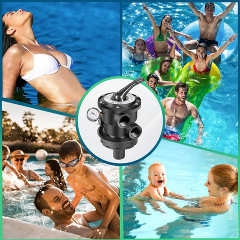 Collage of swimming pool fun with center image of Top Mount Multiport Valve Replacement For Above Ground Sand Filters 1.5 Inch Plumbing Seven Position Control Valve Fits Pro VL Series And Most SandMaster SwimPro GM Dream Line Jacuzzi Filters