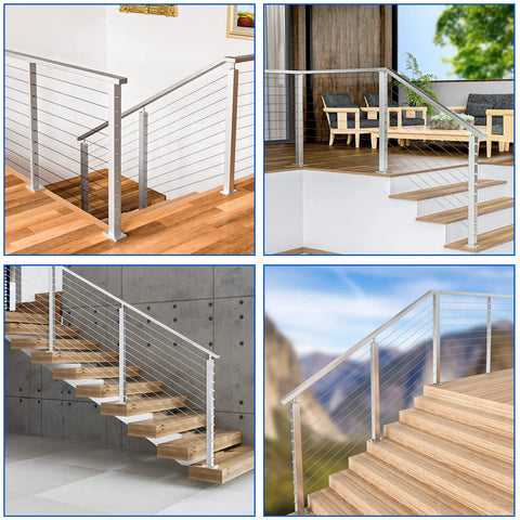 60 Pack One Eighth Inch Cable Railing Hardware Kit With Hand Swage Threaded Stud Tensioners For 2x2 Metal Posts Stainless Steel Deck Cable Railing System CR23 Easy Setup Beefy Build Weatherproof Kit For Outdoor Balustrade installed on various staircases