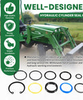 Cylinder Seal Kit For One And A Half Inch Bore Hydraulic Loader Cylinders Fits Loader Models 40 44 60 70 70A Tractor Mounted Front End Loaders Easy Install Replacement Interchange Part Number AM118391 with tractor and seals displayed