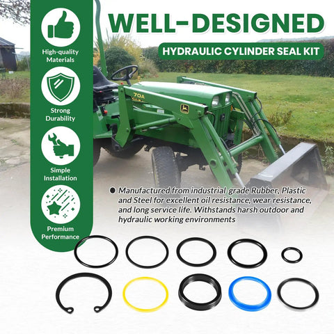 Cylinder Seal Kit For One And A Half Inch Bore Hydraulic Loader Cylinders Fits Loader Models 40 44 60 70 70A Tractor Mounted Front End Loaders Easy Install Replacement Interchange Part Number AM118391 with tractor and seals displayed