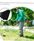 Gardener using trimmer next to inset of 8 Pack Garden Aerator Shoes Straps Durable Lawn Aerating Sandals