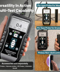 Moisture Encounter MEX5 No-Nonsense Digital Moisture Meter in use for varying depths in wood and drywall with optional probes.