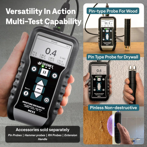 Moisture Encounter MEX5 No-Nonsense Digital Moisture Meter in use for varying depths in wood and drywall with optional probes.