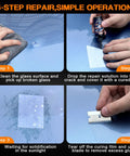 4-step process using the 5 Minute Windshield Crack Repair Kit For Chips And Cracks, Pro Grade Auto Glass Rock Chip Repair Tool.