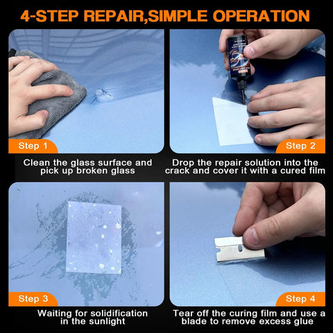4-step process using the 5 Minute Windshield Crack Repair Kit For Chips And Cracks, Pro Grade Auto Glass Rock Chip Repair Tool.