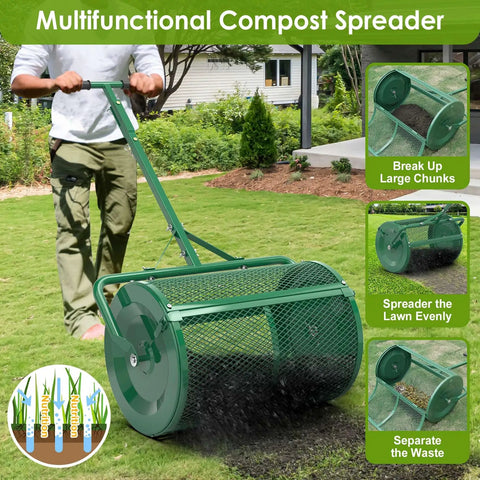 Person using Heavy Duty 24 Inch Compost Spreader For Lawn And Garden With Beefed Up Peat Moss And Topsoil Spreader Three Height Settings
