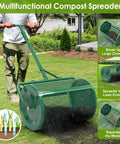 Person using Easy To Use 24 Inch Compost Spreader For Peat Moss And Top Dressing, Push Or Tow Spreader With Adjustable 3 Height Settings