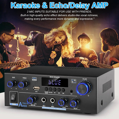 Two Channel 500W Bluetooth 5.0 Stereo Audio Amplifier for Home Theater with FM Echo AUX USB SD MIC Optical Coaxial Inputs