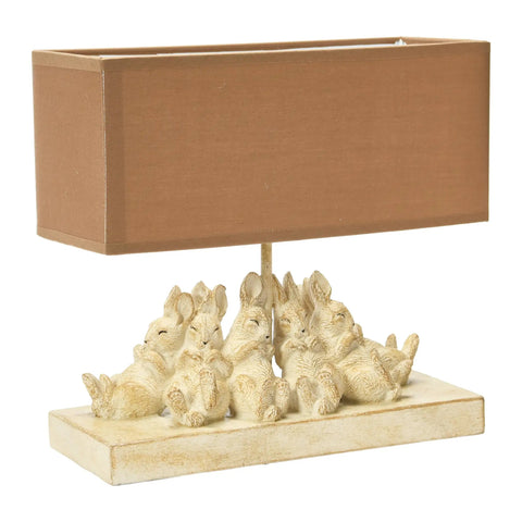 Whitewashed Rabbit Table Lamp With Sand Colored Linen Shade Cute Bunny Night Light For Farmhouse Nursery And Woodland Decor Cozy Bedroom Accent With Six Sleeping Baby Bunnies At The Base.