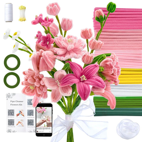 500 Pieces Pastel Pipe Cleaners Flower Kit For Flower Making Pink White Green Yellow 6 Color Chenille Stems with DIY tutorial