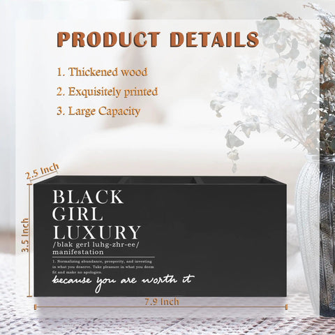Black Girl Luxury Inspirational Pen And Pencil Holder For Desk, Three Compartment Organizer With Positive Affirmations. Black wood design showcasing dimensions and affirmation.