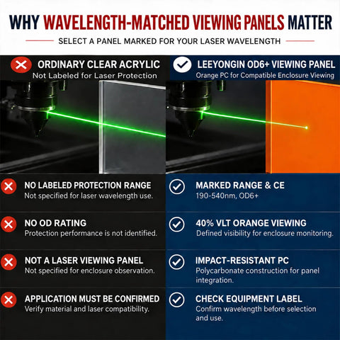 Straight Up Heavy Duty Laser Safety Window Orange Polycarbonate Sheet For 190 To 540 Nm OD6 Plus 40 Percent VLT Engraver Cutter Guard comparison chart with specifications.