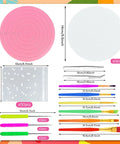 Premium Top Shelf 67 Piece Cookie Decorating Kit with pink silicone mat and various decorating tools for cake artists.
