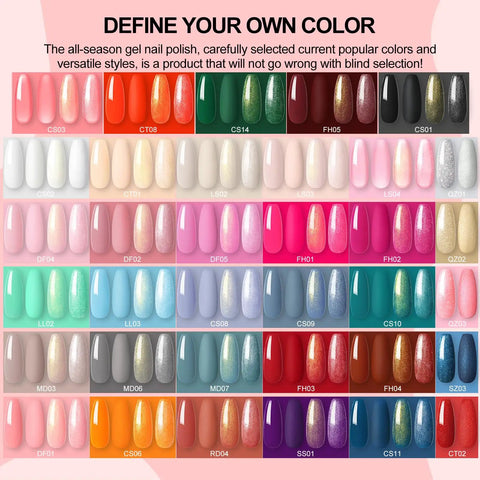 Gel Nail Polish Kit With UV Light And Drill, 53-Piece Set Featuring 35 Color Gel Polishes display chart with various colors