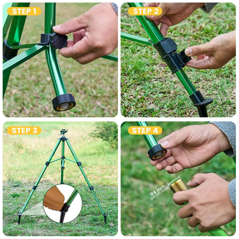 Assembly steps for Heavy Duty Lawn Sprinkler On Tripod Base With 360 Degree Coverage Reaches 45 Feet At 80 PSI Flow Height Adjustable Legs