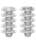 Super Sturdy 10 Pack Stainless Steel Drain Strainers For Sink And Tub Rust Proof Mesh Hair Catchers stacked in a neat arrangement.