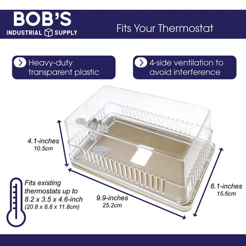 Lockable XL Air Conditioning Thermostat Cover Box With Key Clear Plastic Wall Mount Lock Box, dimensions shown, 8.2x3.5x4.6 inches