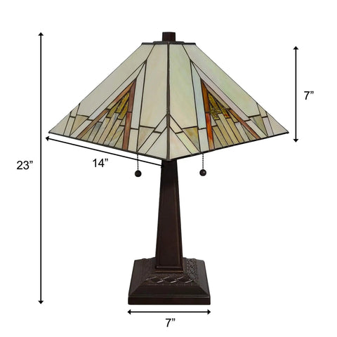 Stained Glass Mission Table Lamp In Tan Brown Finish, Totally Timeless Vintage Vibe, 23 Inch Tall Nightstand Light with 14 inch shade