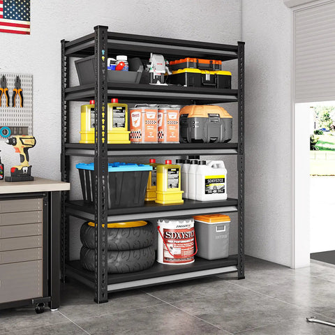 Beefy Heavy Duty Garage Shelving Unit 5 Tier Steel Shelves With 2200 Lbs Capacity 40 Inch Wide By 18 Inch Deep By 72 Inch High Black Storage Racks