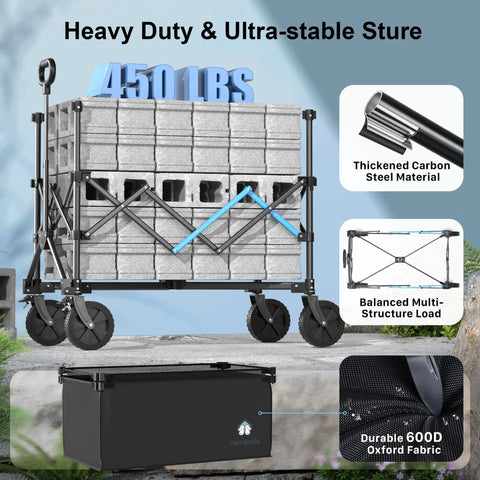Heavy Duty Folding Wagon Cart With Brakes 39 Inch All Terrain Wheels Adjustable 150L To 300L Storage Capacity Up To 450 Lb Load
