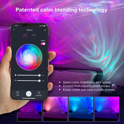 LED Aurora Projector With Northern Lights Vibe WiFi App Control in use, displaying vibrant colors in a bedroom setting.
