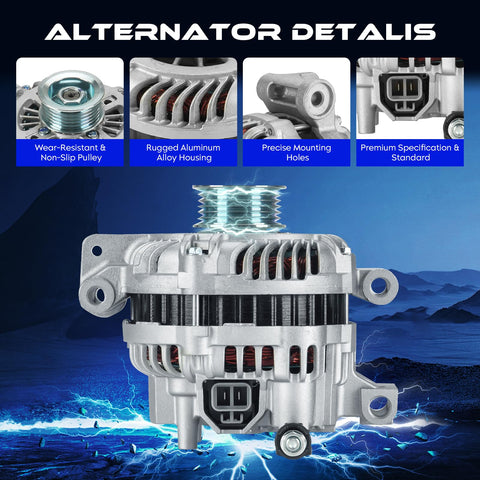 Front view of 90 Amp 12V New Alternator For Mazda 6 2.3L 2003 2004 2005 Plug-And-Play Direct Fit Replacement With 6 Groove Pulley