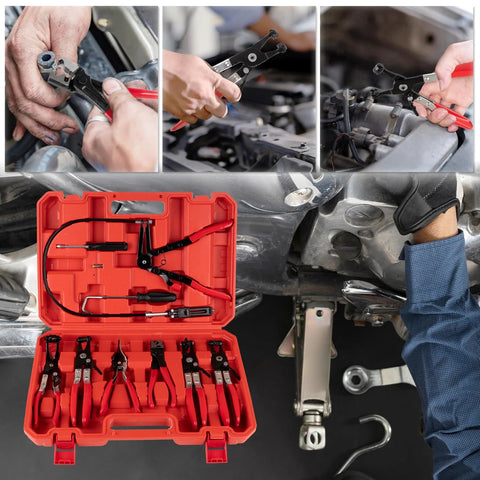 9-piece hose clamp pliers set in a red carrying case; automotive hose clamp removal tools for coolant hoses