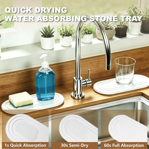 Natural Diatomite Water Absorbing Stone Tray Set Of Two Quick Drying Countertop Catcher for Kitchen Sink and Bathroom Vanity with bottles and sponges.