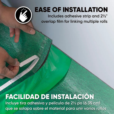 Straight Up Heavy Duty Underlayment Pad For Laminate And Engineered Wood Floors Featuring Gnarly Moisture Shield and Legit Thick Comfort Over Concrete Or Raw Slabs showing adhesive strip for installation.