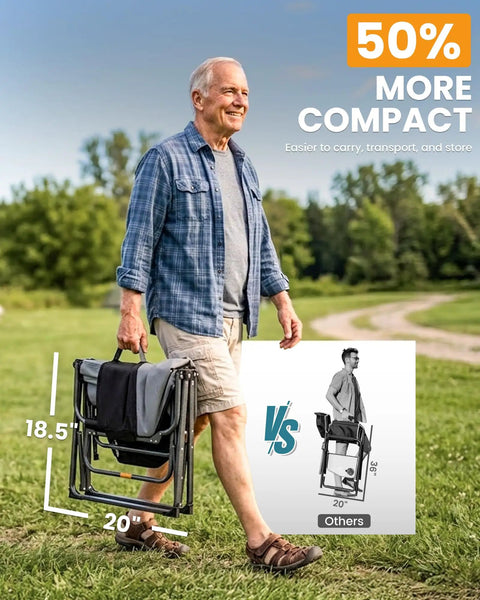 Man carrying folded Oversized Camping Directors Chair With Side Table, highlighting 50% more compact size for portability.