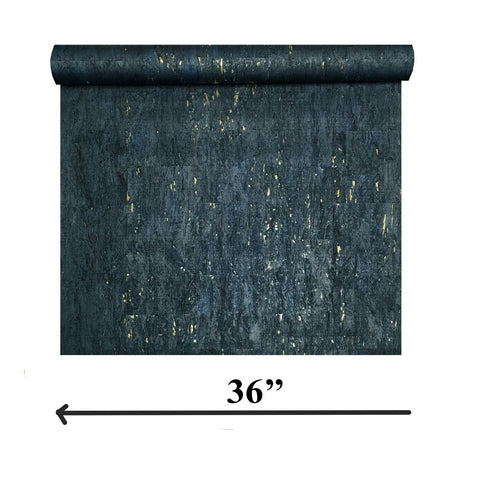 Top Shelf Natural Cork Wall Covering In Dope Navy Blue With Shiny Gold Metallic Vibes 36 Inch Wide Roll Display.