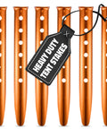 High Visibility Aluminum Tent Stakes 6-Pack, 12.6 Inch U-Shape Sand-Grip, bright orange stakes with holes and tag