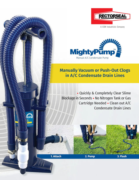 Hand Operated AC Condensate Pump No Electricity For Easy Drain Cleaning Heavy Duty PVC tool displayed with label and features.