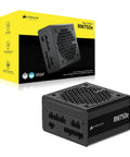 Beefy 750W ATX 3.1 Fully Modular Power Supply with PCIe 5.1 Readiness, black unit with cable ports and branded box.