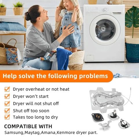 Dryer Heating Element Kit Replaces DC47 00019A Fits A Bunch Of Models shown with Samsung dryer and components.