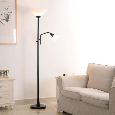 Rush Floor Lamp in Oil Rubbed Bronze 72-Inch Tall Torchiere with White Glass Shade in living room setup