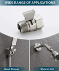 Water Flow Control Valve With Brass Shut Off For Dual Shower Faucets And RV Shower Head Hose No More Wasting Hot Water With Easy Flow Adjustment Brushed Nickel Finish, shown with hand shower and shower arm applications.