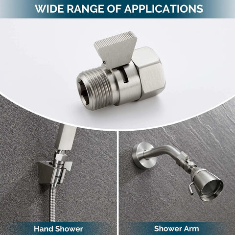Water Flow Control Valve With Brass Shut Off For Dual Shower Faucets And RV Shower Head Hose No More Wasting Hot Water With Easy Flow Adjustment Brushed Nickel Finish, shown with hand shower and shower arm applications.