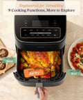 Six Quart Nine In One Air Fryer With Pfas Free Ceramic Basket And Fast Air Technology showing roasted chicken and veggies.