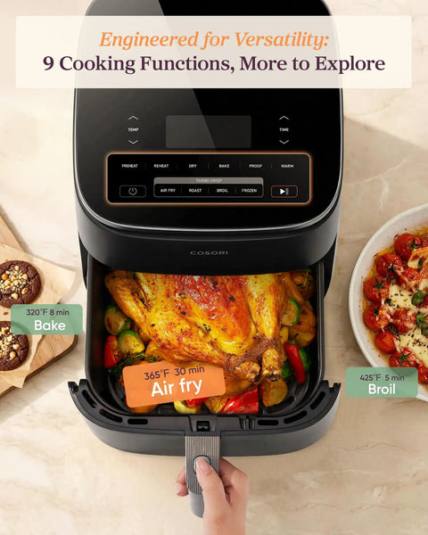 Six Quart Nine In One Air Fryer With Pfas Free Ceramic Basket And Fast Air Technology showing roasted chicken and veggies.