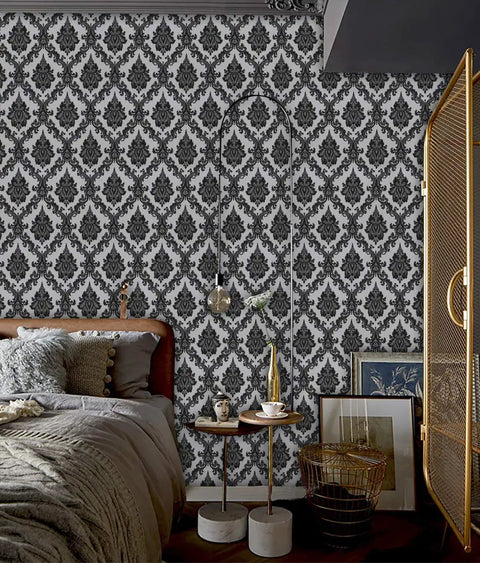 Bedroom with Dope Black Damask Peel And Stick Wallpaper For Walls And Furniture Self Adhesive Vinyl Contact Paper Removable Decorative Wall Covering Vintage Look Ideal For Cabinets Desks And Bedrooms, featuring a dark bed and decor. 