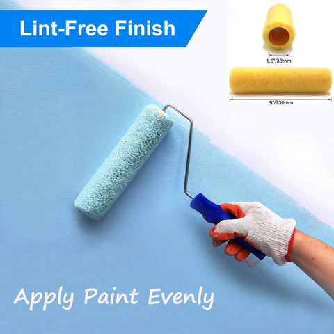 Hand using 18 Piece 9 Inch Paint Roller Covers Kit With Dense Three Eighth Inch Nap for semi-smooth surfaces on blue wall.