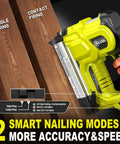 Rock Solid Heavy Duty 21V Cordless Brad Nailer With Two 2.0Ah Batteries And 1000 Fasteners, showing single and contact firing modes on wood.