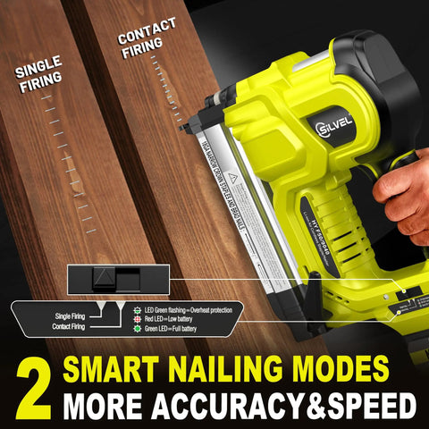 Rock Solid Heavy Duty 21V Cordless Brad Nailer With Two 2.0Ah Batteries And 1000 Fasteners, showing single and contact firing modes on wood.