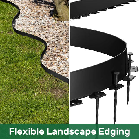 No Dig Landscape Edging Kit For Lawn And Flower Beds 49 Feet Flexible Plastic Border with stakes shown curving and securing edge