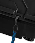 Detail of heavy duty red latch and blue strap on Two Pack 160 Quart Black Stackable Rolling Storage Bins for easy access.