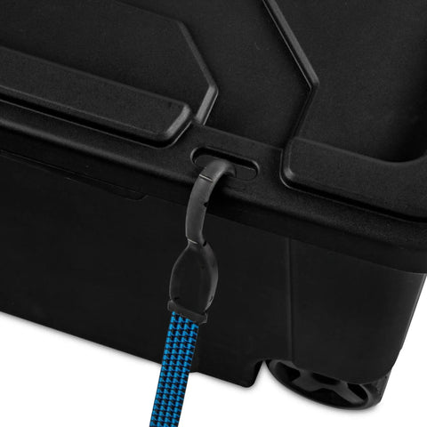 Detail of heavy duty red latch and blue strap on Two Pack 160 Quart Black Stackable Rolling Storage Bins for easy access.