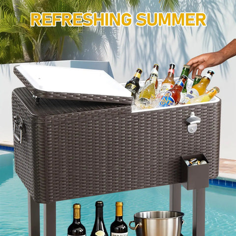 80 Quart Rolling Ice Chest Portable Bar Cooler With Catch Basin, Bottom Storage Tray And Bottle Opener For Patio, Beach, BBQ And Party Gatherings In Durable Rattan Finish by a pool