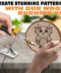 30W Hot Knife Foam Cutter Set With 10 Carbon Steel Blades And Wood Burning Tip in use on wood with owl design.