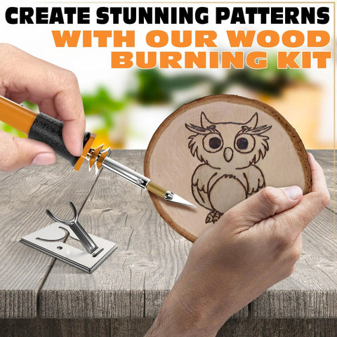 30W Hot Knife Foam Cutter Set With 10 Carbon Steel Blades And Wood Burning Tip in use on wood with owl design.